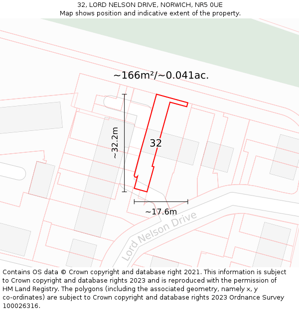 32, LORD NELSON DRIVE, NORWICH, NR5 0UE: Plot and title map