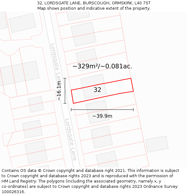 32, LORDSGATE LANE, BURSCOUGH, ORMSKIRK, L40 7ST: Plot and title map