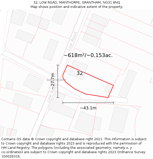 32, LOW ROAD, MANTHORPE, GRANTHAM, NG31 8NQ: Plot and title map