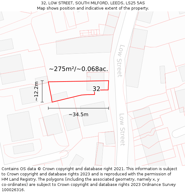 32, LOW STREET, SOUTH MILFORD, LEEDS, LS25 5AS: Plot and title map
