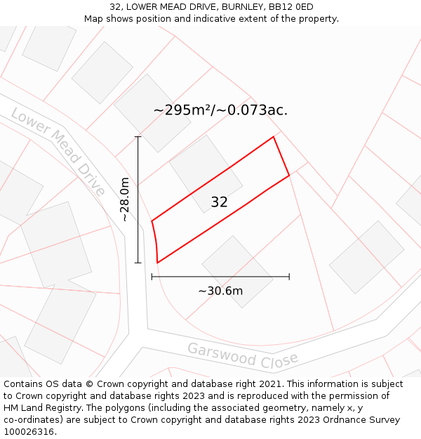 32, LOWER MEAD DRIVE, BURNLEY, BB12 0ED: Plot and title map