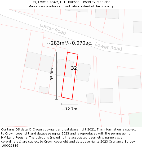 32, LOWER ROAD, HULLBRIDGE, HOCKLEY, SS5 6DF: Plot and title map
