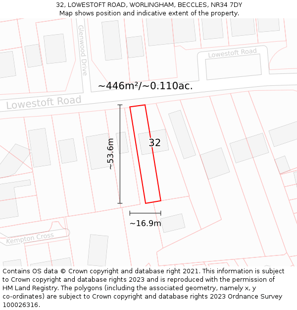 32, LOWESTOFT ROAD, WORLINGHAM, BECCLES, NR34 7DY: Plot and title map