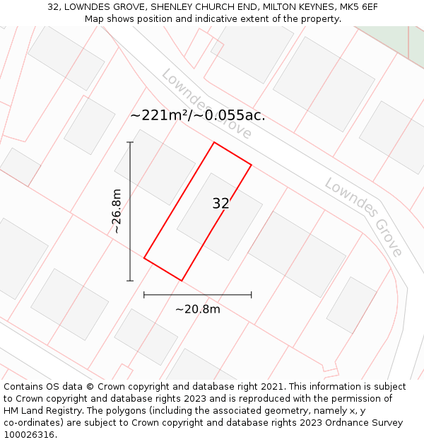 32, LOWNDES GROVE, SHENLEY CHURCH END, MILTON KEYNES, MK5 6EF: Plot and title map