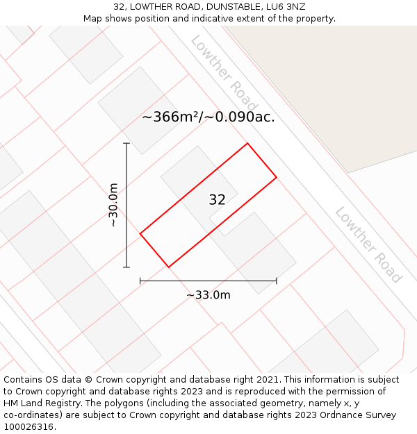 32, LOWTHER ROAD, DUNSTABLE, LU6 3NZ: Plot and title map