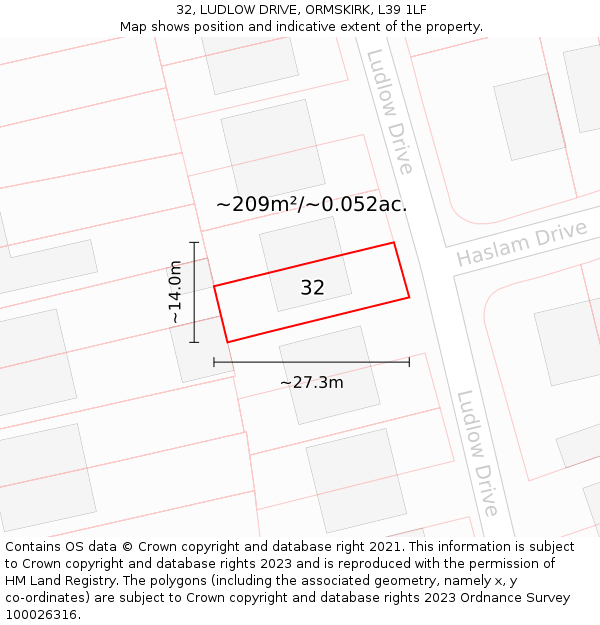 32, LUDLOW DRIVE, ORMSKIRK, L39 1LF: Plot and title map