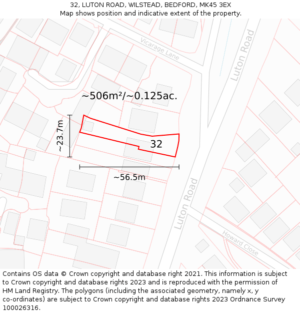 32, LUTON ROAD, WILSTEAD, BEDFORD, MK45 3EX: Plot and title map