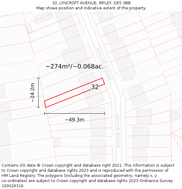 32, LYNCROFT AVENUE, RIPLEY, DE5 3BB: Plot and title map
