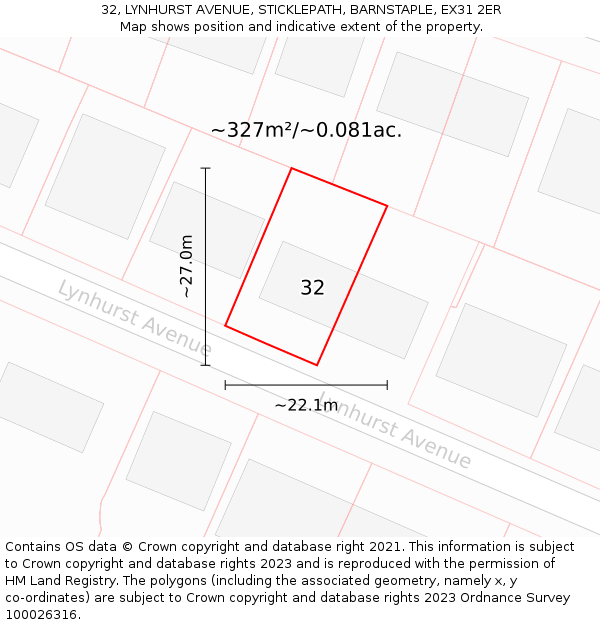 32, LYNHURST AVENUE, STICKLEPATH, BARNSTAPLE, EX31 2ER: Plot and title map