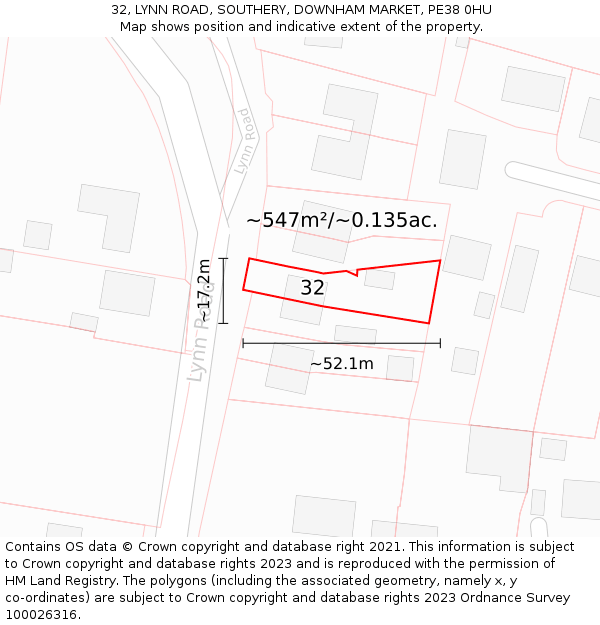 32, LYNN ROAD, SOUTHERY, DOWNHAM MARKET, PE38 0HU: Plot and title map