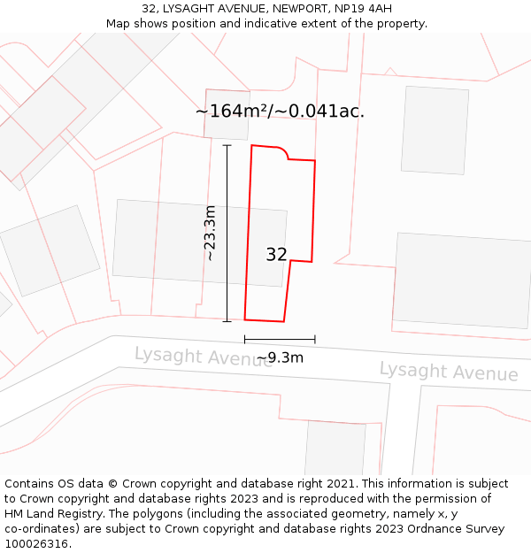 32, LYSAGHT AVENUE, NEWPORT, NP19 4AH: Plot and title map