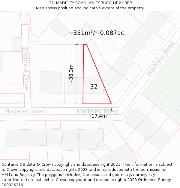 32, MADELEY ROAD, AYLESBURY, HP21 8BP: Plot and title map