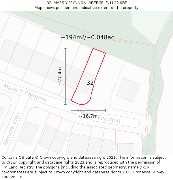 32, MAES Y FFYNNON, ABERGELE, LL22 9BF: Plot and title map