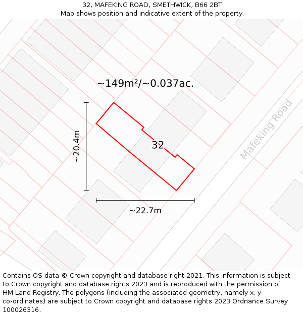 32, MAFEKING ROAD, SMETHWICK, B66 2BT: Plot and title map