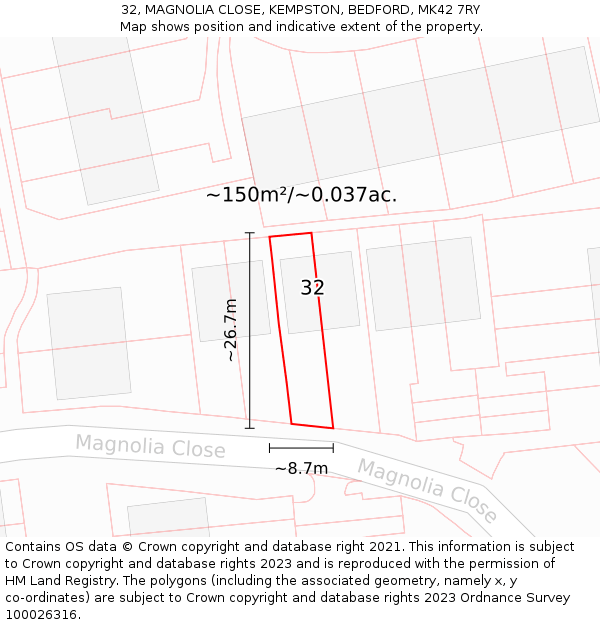 32, MAGNOLIA CLOSE, KEMPSTON, BEDFORD, MK42 7RY: Plot and title map