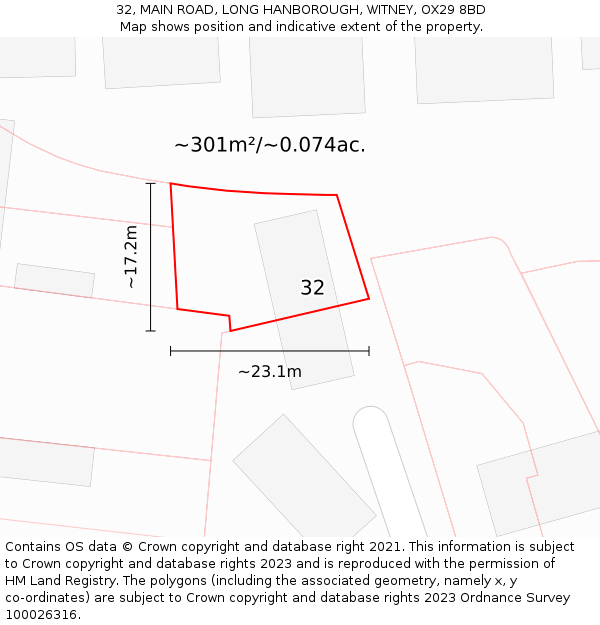 32, MAIN ROAD, LONG HANBOROUGH, WITNEY, OX29 8BD: Plot and title map