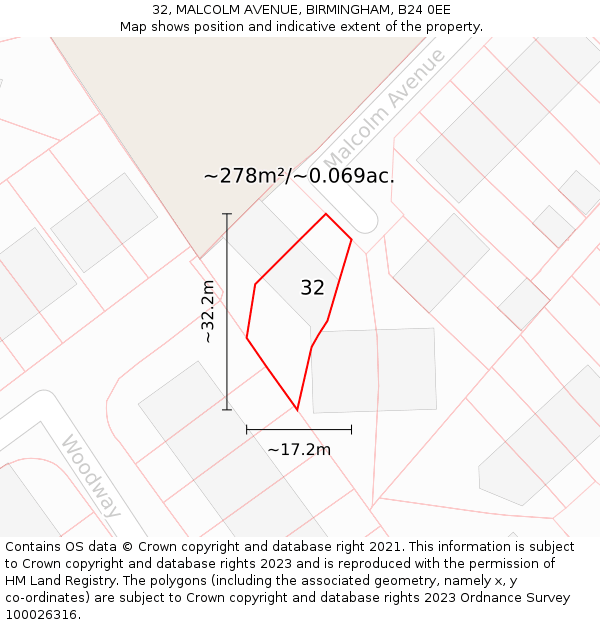 32, MALCOLM AVENUE, BIRMINGHAM, B24 0EE: Plot and title map