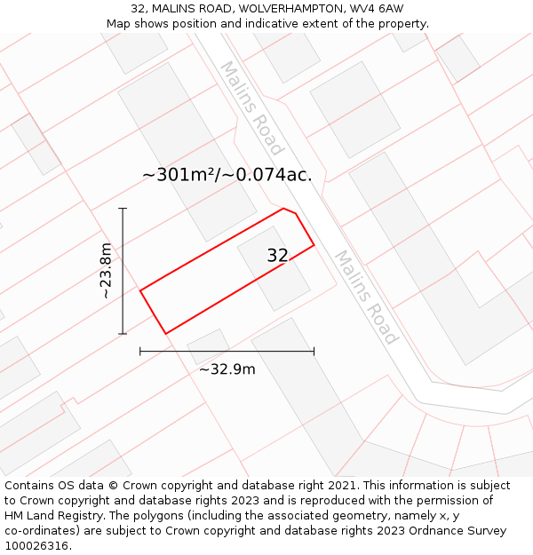 32, MALINS ROAD, WOLVERHAMPTON, WV4 6AW: Plot and title map