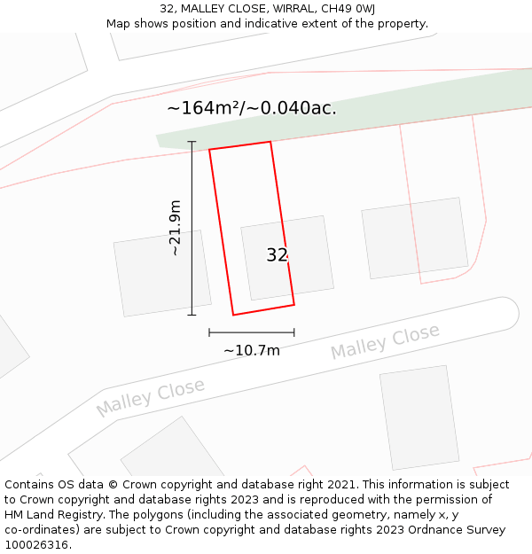 32, MALLEY CLOSE, WIRRAL, CH49 0WJ: Plot and title map