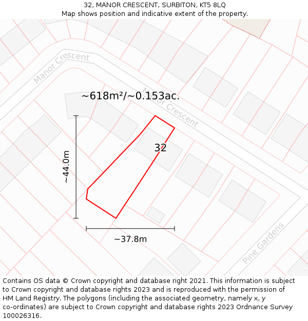32, MANOR CRESCENT, SURBITON, KT5 8LQ: Plot and title map