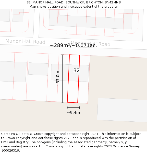 32, MANOR HALL ROAD, SOUTHWICK, BRIGHTON, BN42 4NB: Plot and title map