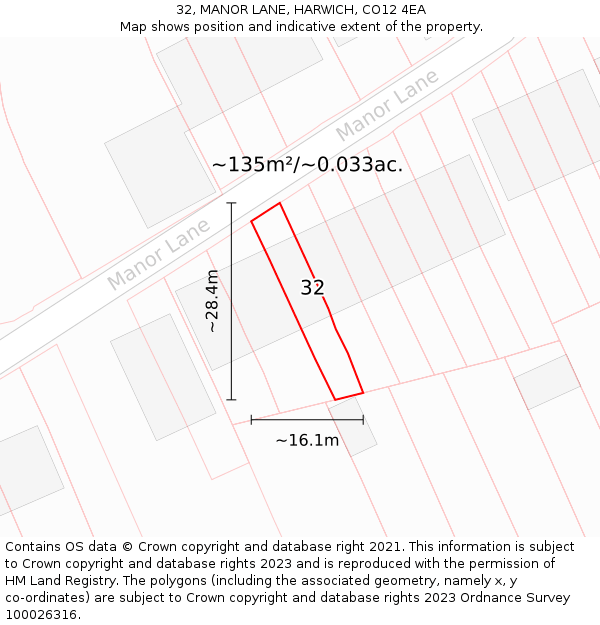 32, MANOR LANE, HARWICH, CO12 4EA: Plot and title map