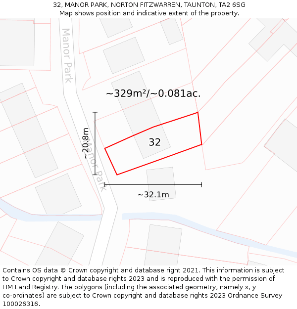 32, MANOR PARK, NORTON FITZWARREN, TAUNTON, TA2 6SG: Plot and title map