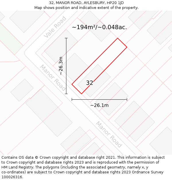 32, MANOR ROAD, AYLESBURY, HP20 1JD: Plot and title map