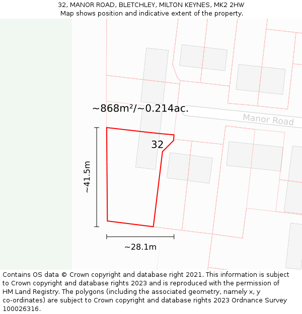 32, MANOR ROAD, BLETCHLEY, MILTON KEYNES, MK2 2HW: Plot and title map