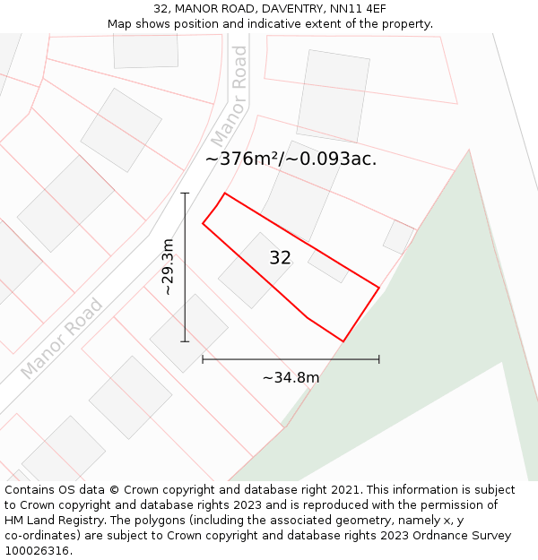 32, MANOR ROAD, DAVENTRY, NN11 4EF: Plot and title map