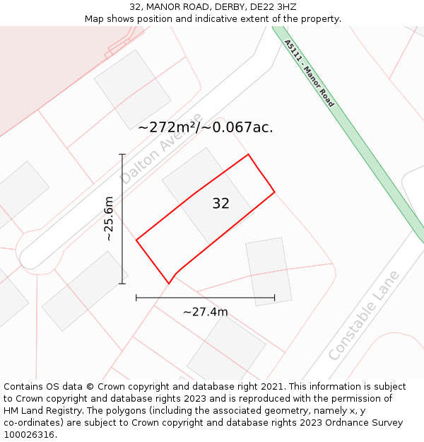 32, MANOR ROAD, DERBY, DE22 3HZ: Plot and title map