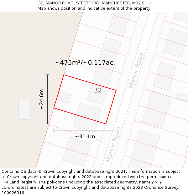 32, MANOR ROAD, STRETFORD, MANCHESTER, M32 9HU: Plot and title map