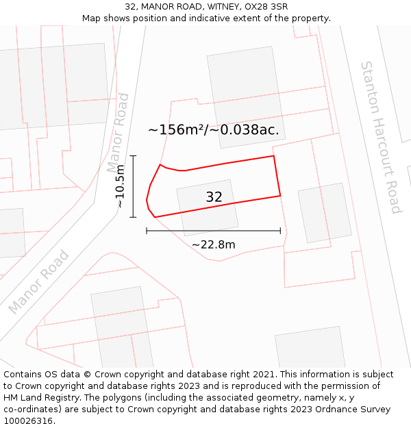 32, MANOR ROAD, WITNEY, OX28 3SR: Plot and title map
