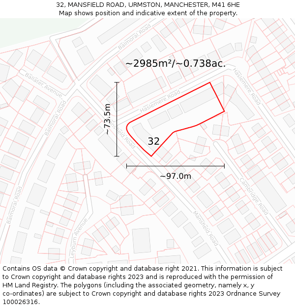 32, MANSFIELD ROAD, URMSTON, MANCHESTER, M41 6HE: Plot and title map