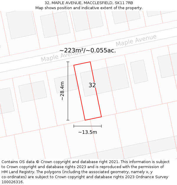 32, MAPLE AVENUE, MACCLESFIELD, SK11 7RB: Plot and title map