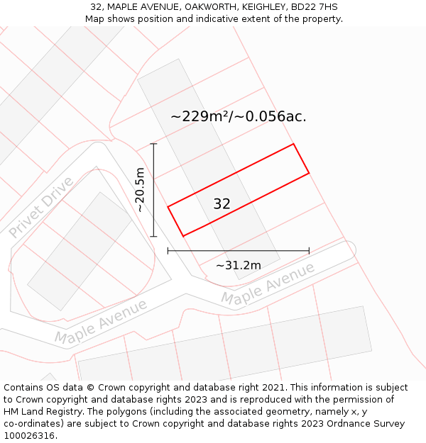 32, MAPLE AVENUE, OAKWORTH, KEIGHLEY, BD22 7HS: Plot and title map
