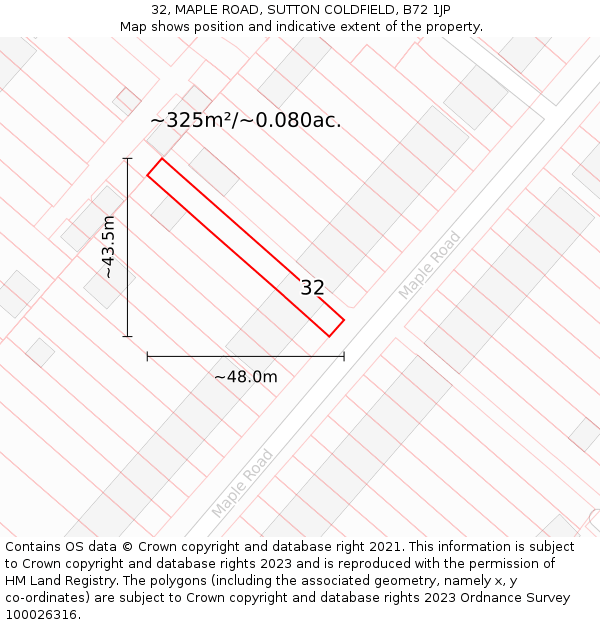 32, MAPLE ROAD, SUTTON COLDFIELD, B72 1JP: Plot and title map