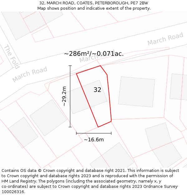 32, MARCH ROAD, COATES, PETERBOROUGH, PE7 2BW: Plot and title map