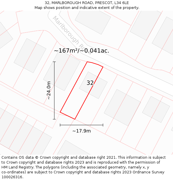 32, MARLBOROUGH ROAD, PRESCOT, L34 6LE: Plot and title map