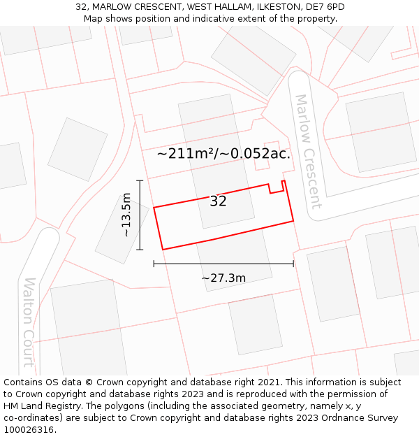 32, MARLOW CRESCENT, WEST HALLAM, ILKESTON, DE7 6PD: Plot and title map