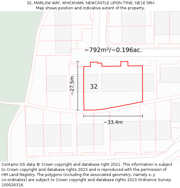 32, MARLOW WAY, WHICKHAM, NEWCASTLE UPON TYNE, NE16 5RH: Plot and title map