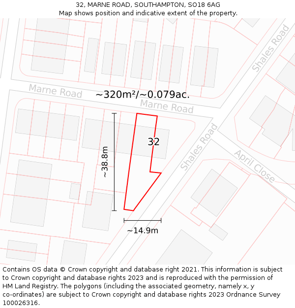 32, MARNE ROAD, SOUTHAMPTON, SO18 6AG: Plot and title map