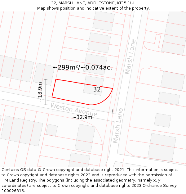 32, MARSH LANE, ADDLESTONE, KT15 1UL: Plot and title map