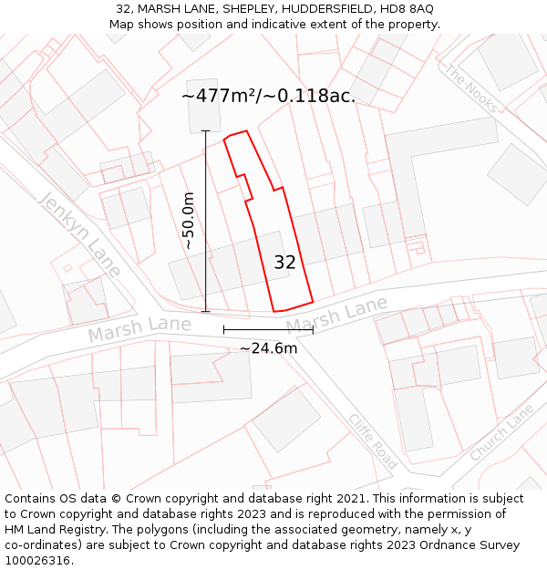 32, MARSH LANE, SHEPLEY, HUDDERSFIELD, HD8 8AQ: Plot and title map