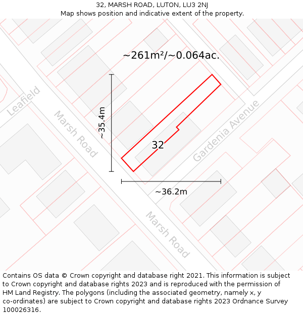 32, MARSH ROAD, LUTON, LU3 2NJ: Plot and title map