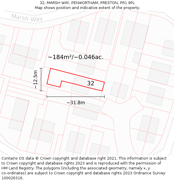 32, MARSH WAY, PENWORTHAM, PRESTON, PR1 9PL: Plot and title map