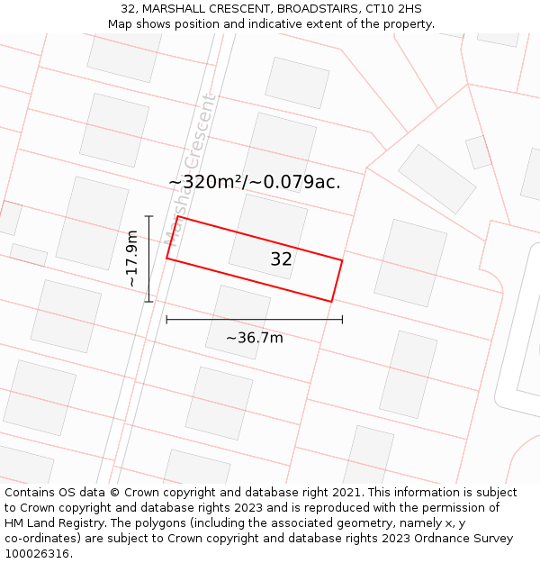 32, MARSHALL CRESCENT, BROADSTAIRS, CT10 2HS: Plot and title map