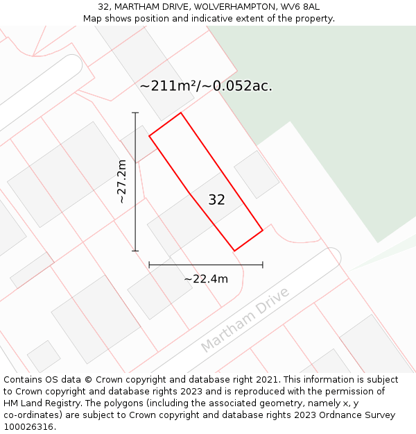 32, MARTHAM DRIVE, WOLVERHAMPTON, WV6 8AL: Plot and title map