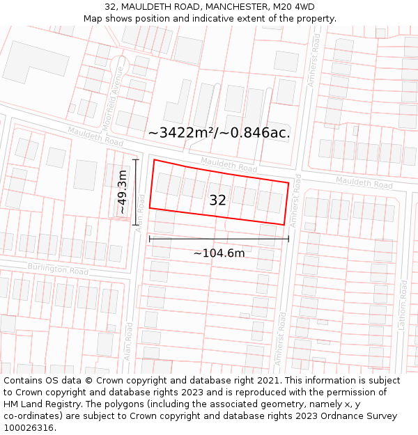 32, MAULDETH ROAD, MANCHESTER, M20 4WD: Plot and title map
