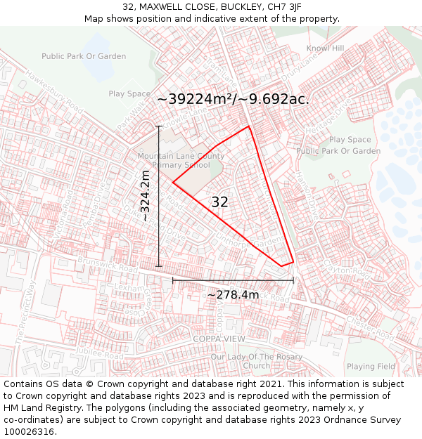32, MAXWELL CLOSE, BUCKLEY, CH7 3JF: Plot and title map
